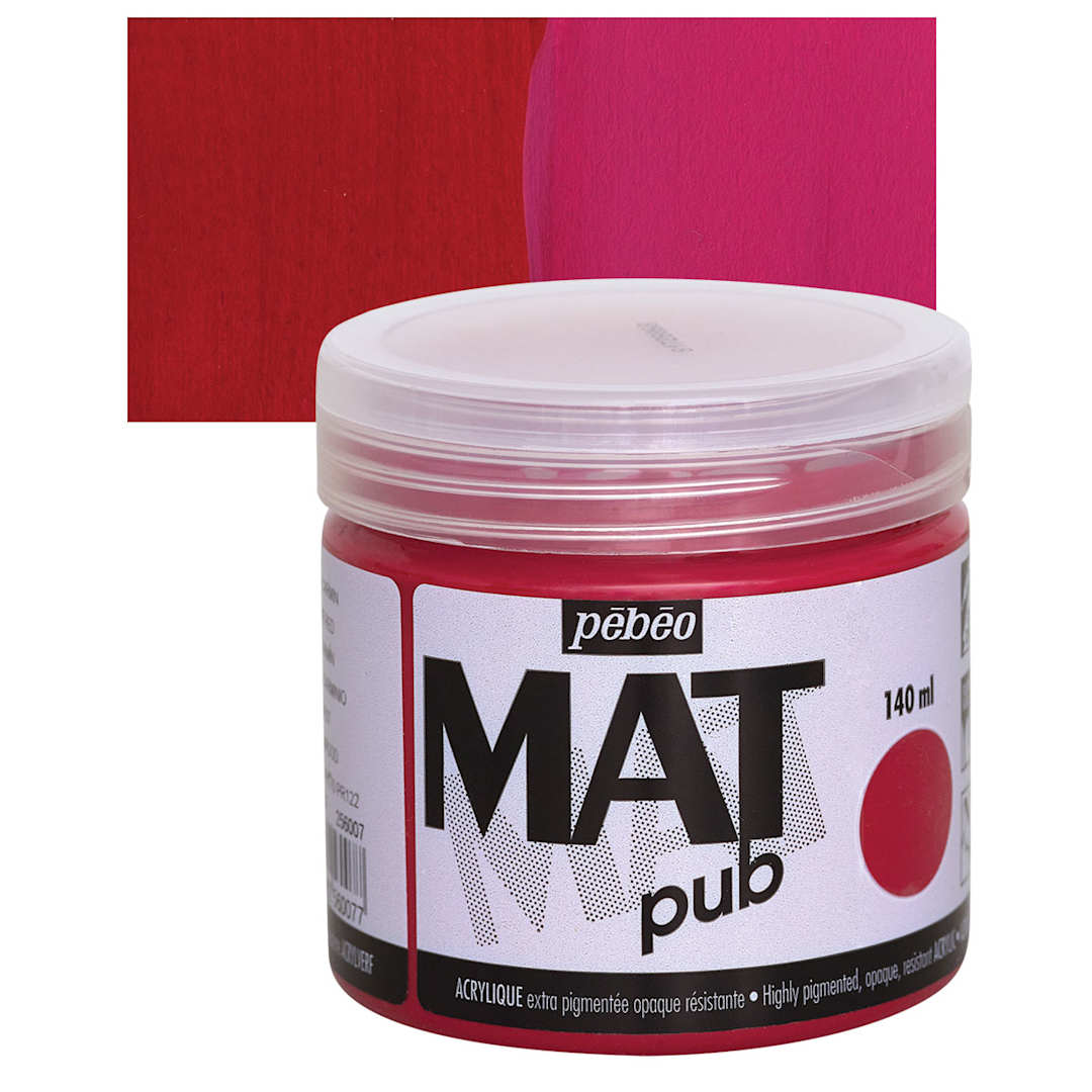 Open in modal - Pebeo Mat Pub Acrylic Paint - Carmine Red, 140 ml jar and swatch