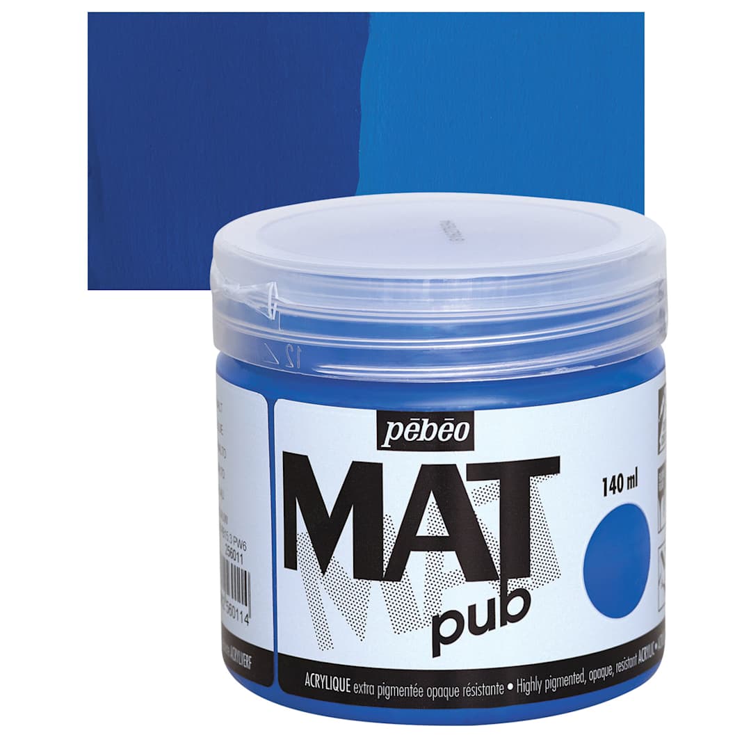 Open in modal - Pebeo Mat Pub Acrylic Paint - Cobalt Blue, 140 ml jar and swatch