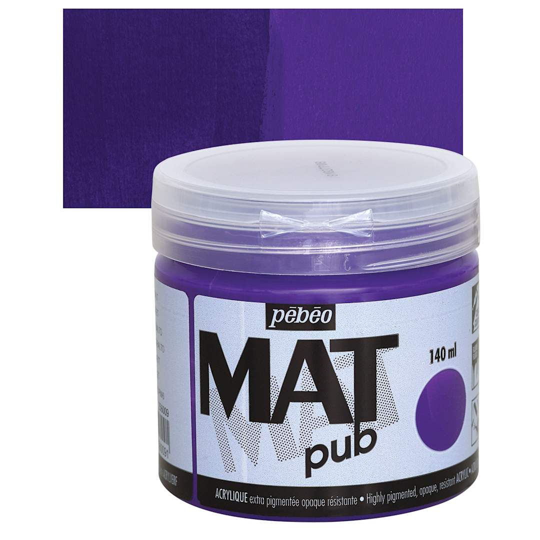 Open in modal - Pebeo Mat Pub Acrylic Paint - Cobalt Violet, 140 ml jar and swatch