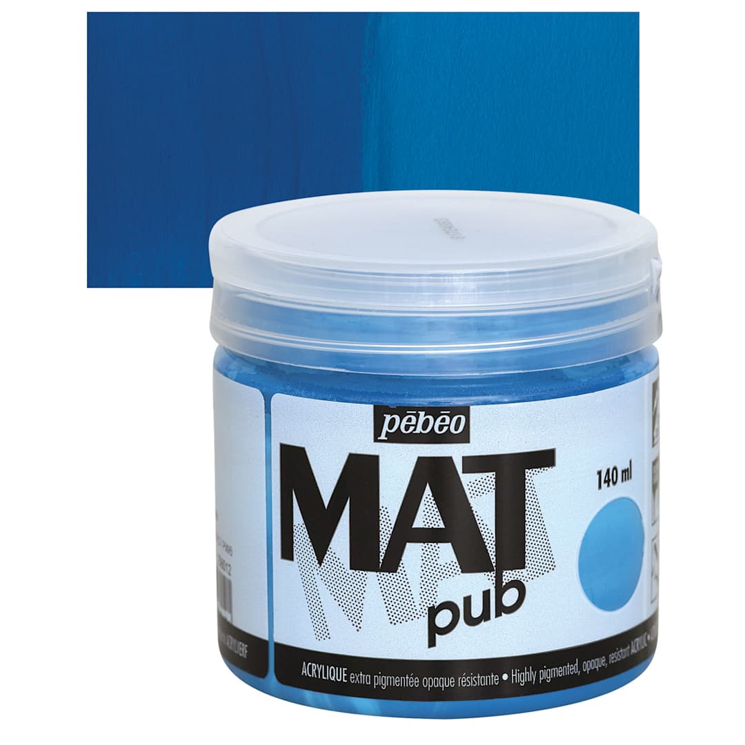 Open in modal - Pebeo Mat Pub Acrylic Paint - Cyan Blue, 140 ml jar and swatch