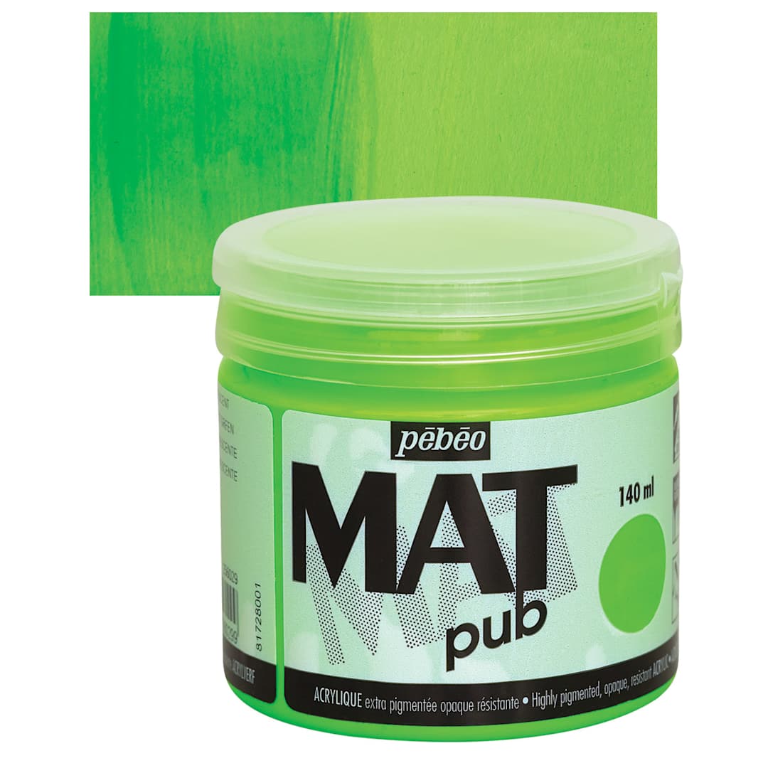 Open in modal - Pebeo Mat Pub Acrylic Paint - Fluorescent Green, 140 ml jar and swatch
