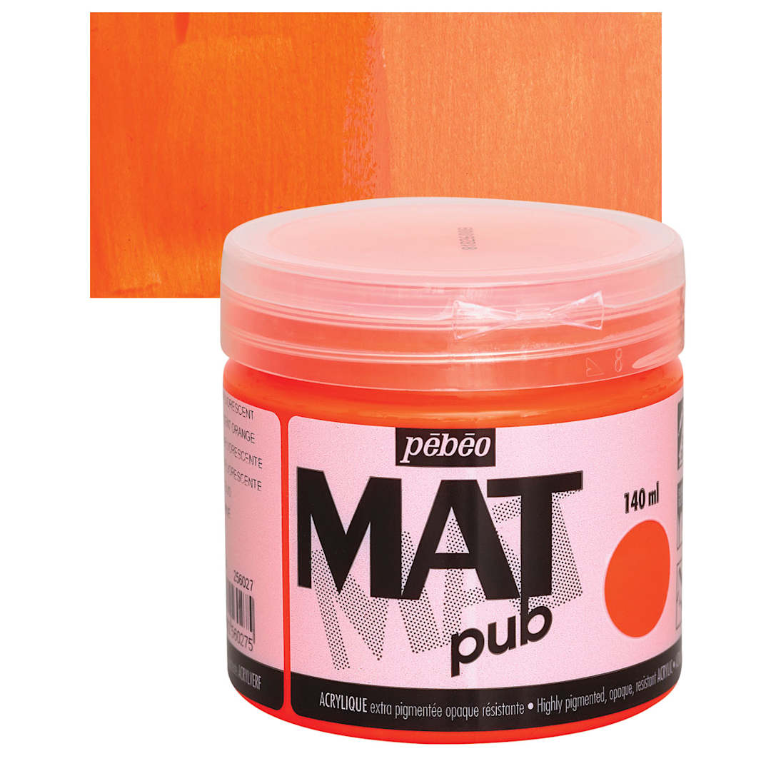 Open in modal - Pebeo Mat Pub Acrylic Paint - Fluorescent Orange, 140 ml jar and swatch