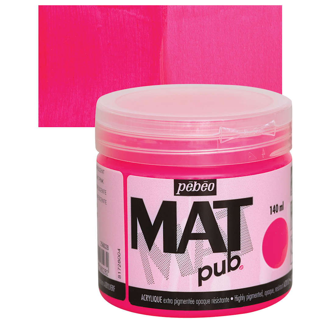 Open in modal - Pebeo Mat Pub Acrylic Paint - Fluorescent Pink, 140 ml jar and swatch