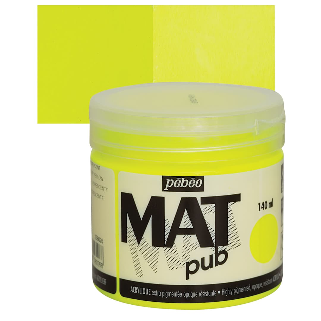 Open in modal - Pebeo Mat Pub Acrylic Paint - Fluorescent Yellow, 140 ml jar and swatch