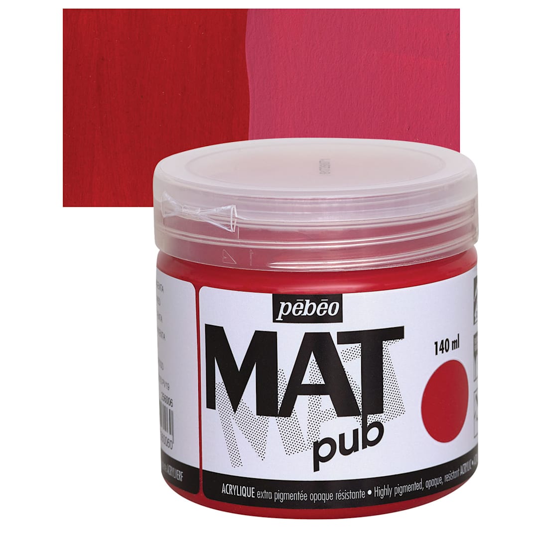 Open in modal - Pebeo Mat Pub Acrylic Paint - Magenta Red, 140 ml jar and swatch