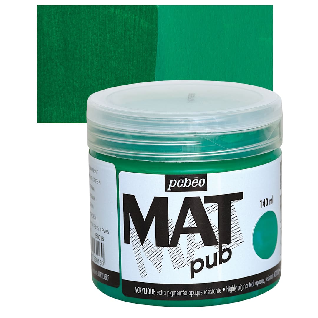 Open in modal - Pebeo Mat Pub Acrylic Paint - Permanent Green, 140 ml jar and swatch
