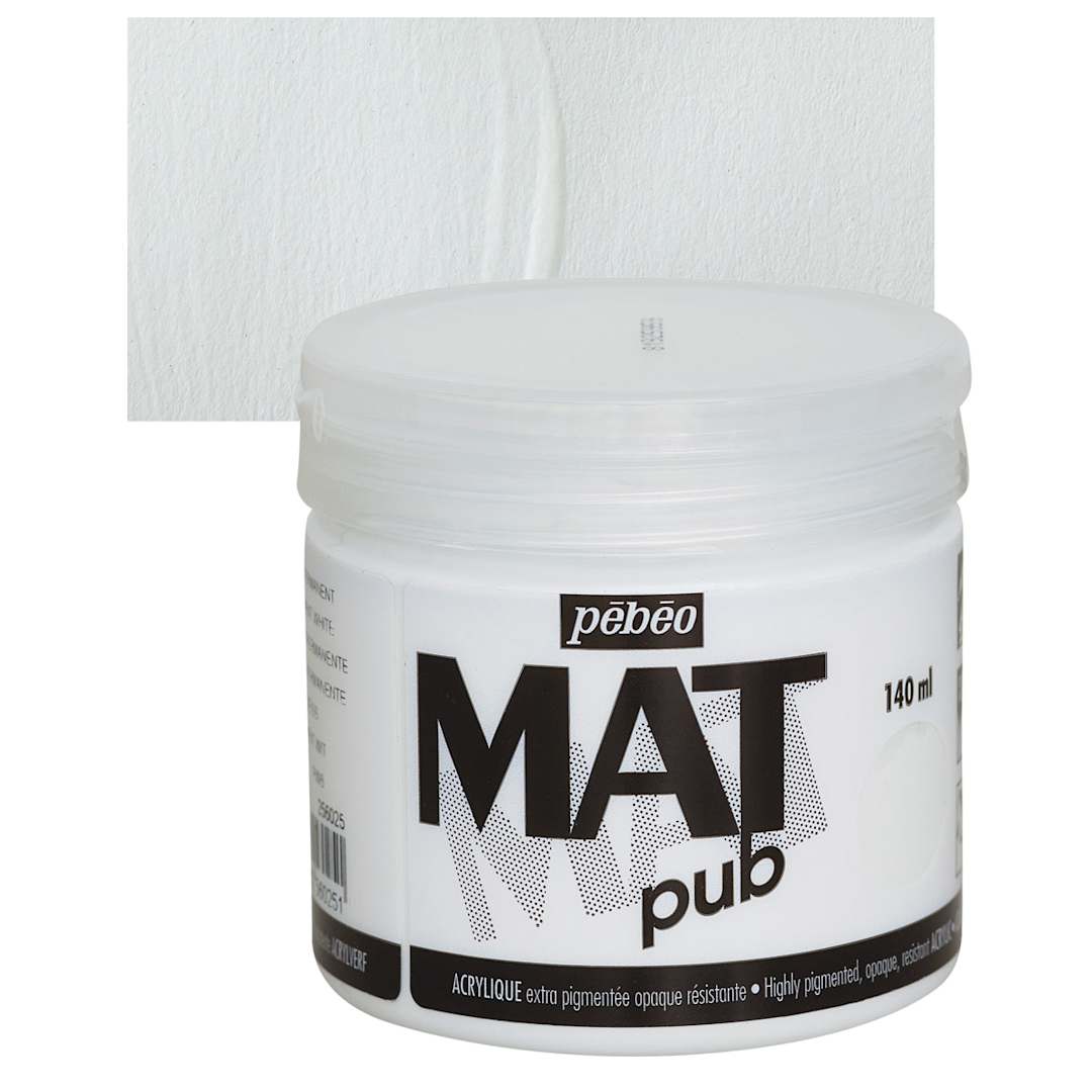 Open in modal - Pebeo Mat Pub Acrylic Paint - Permanent White, 140 ml jar and swatch