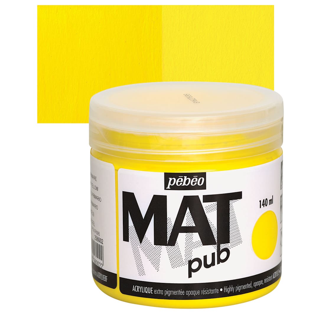 Open in modal - Pebeo Mat Pub Acrylic Paint - Primary Yellow, 140 ml jar and swatch