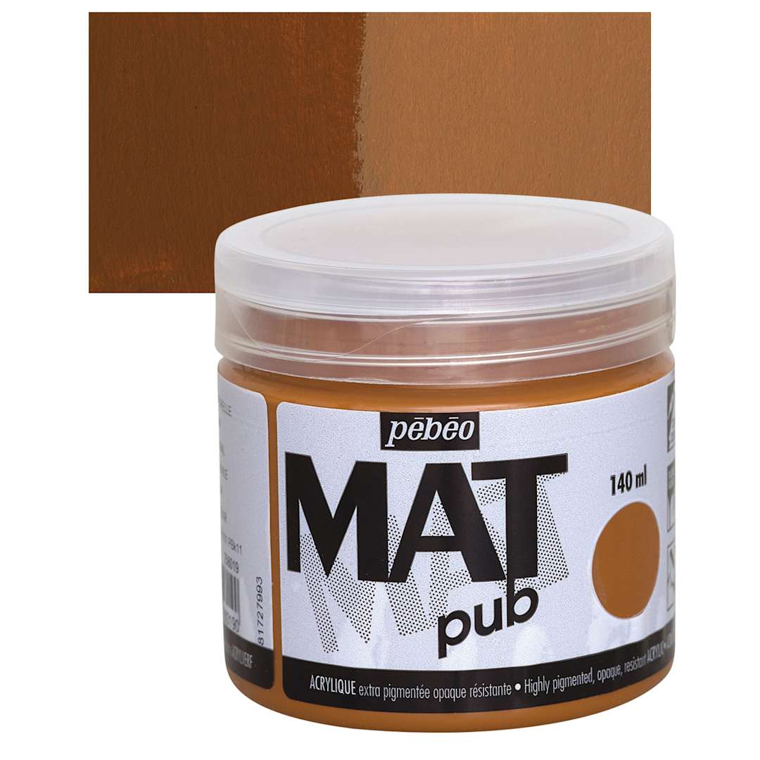 Open in modal - Pebeo Mat Pub Acrylic Paint - Raw Sienna, 140 ml jar and swatch