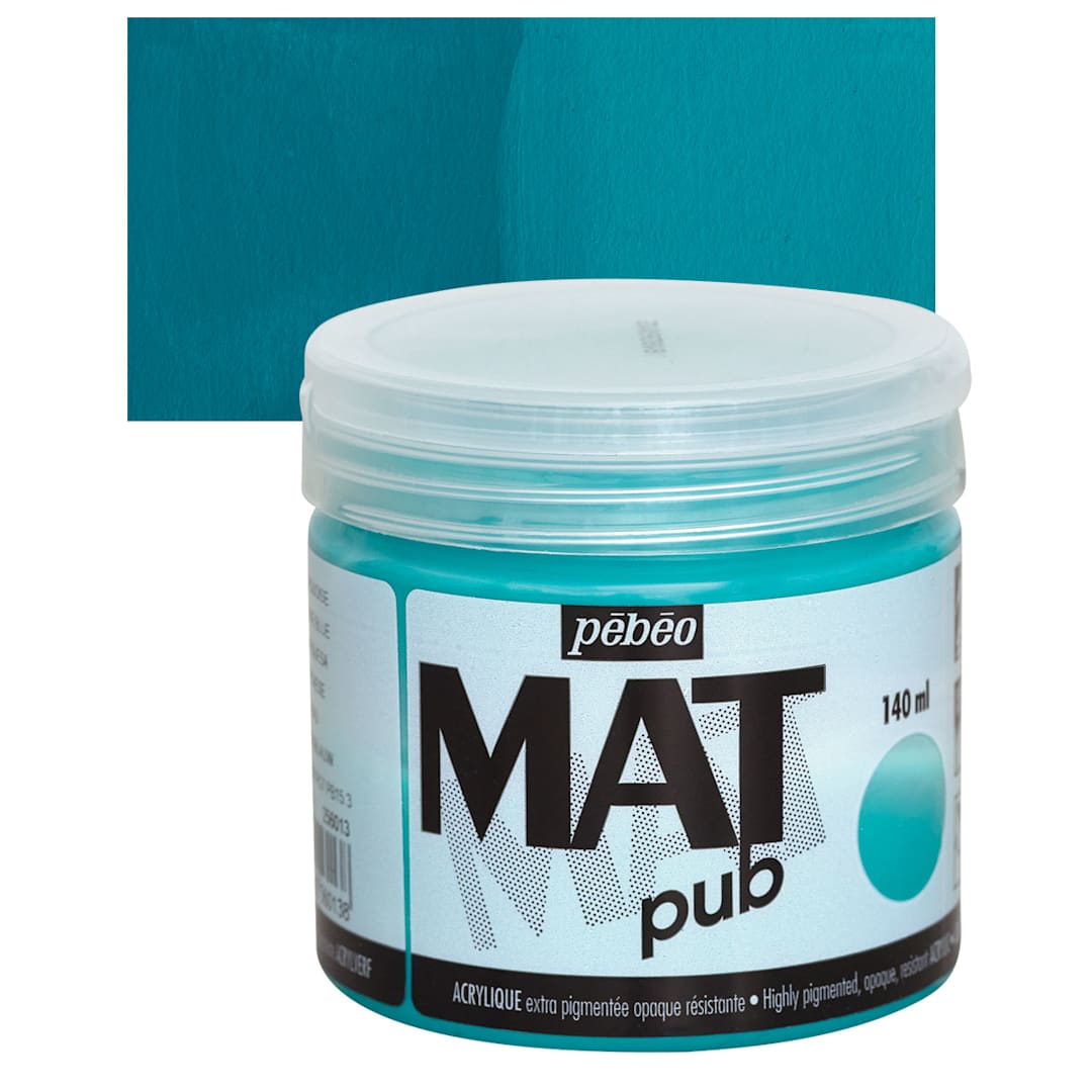 Open in modal - Pebeo Mat Pub Acrylic Paint - Turquoise Blue, 140 ml jar and swatch