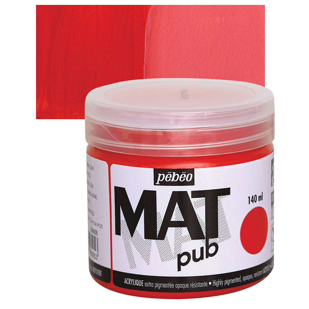 Open in modal - Pebeo Mat Pub Acrylic Paint - Vermilion Red, 140 ml jar and swatch