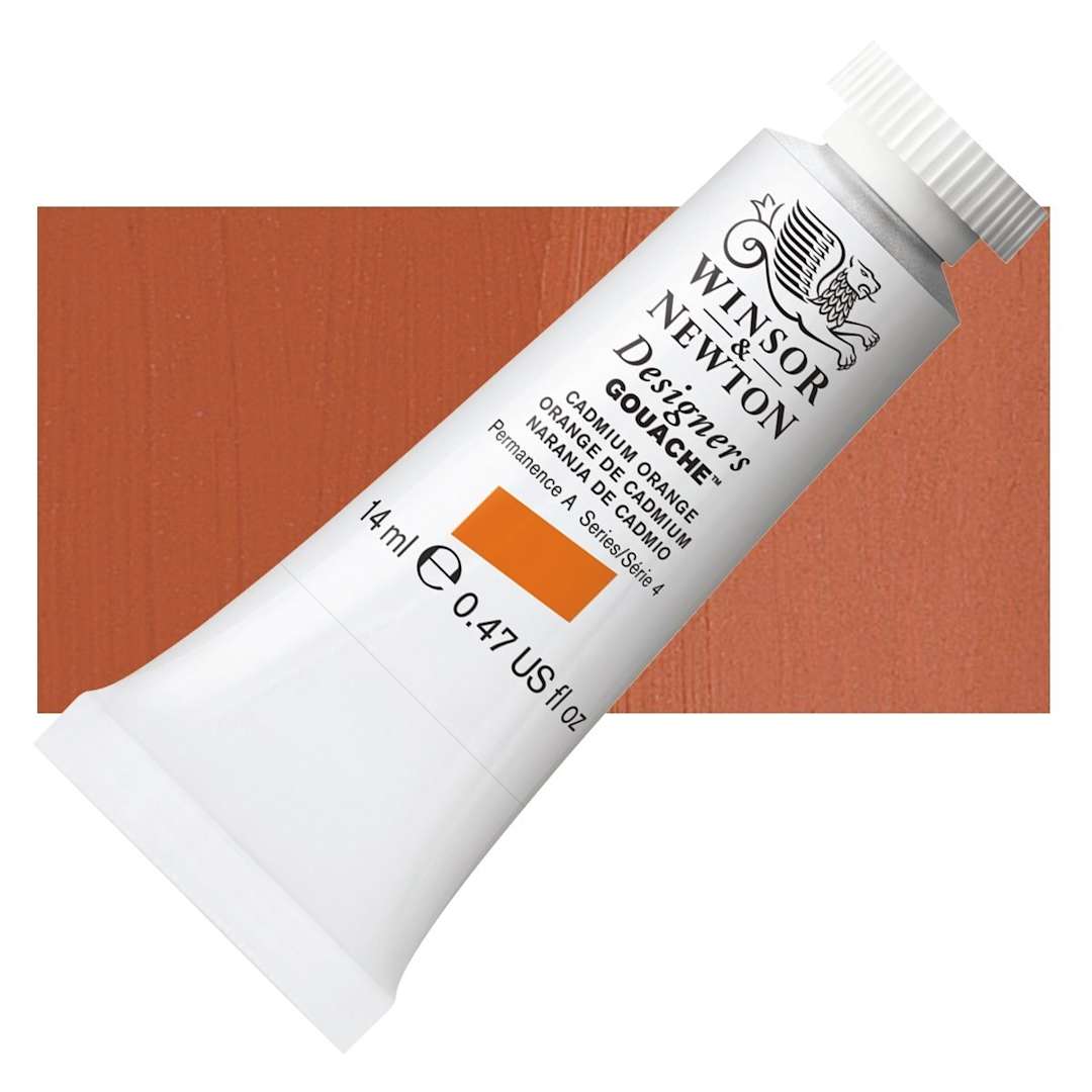 Open in modal - Winsor & Newton Designers Gouache - Cadmium Orange, 14 ml tube and swatch