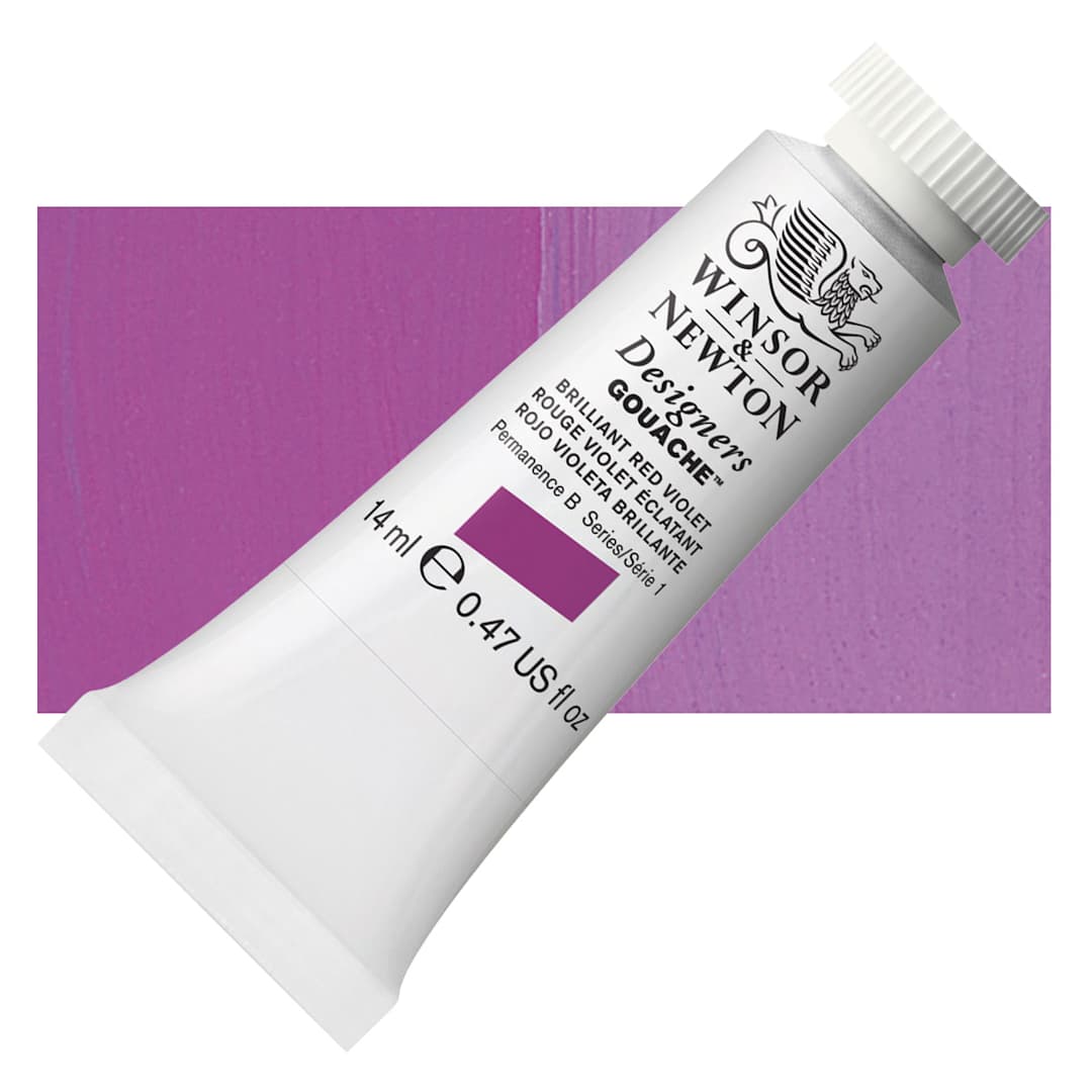 Open in modal - Winsor & Newton Designers Gouache - Brilliant Red Violet, 14 ml tube and swatch