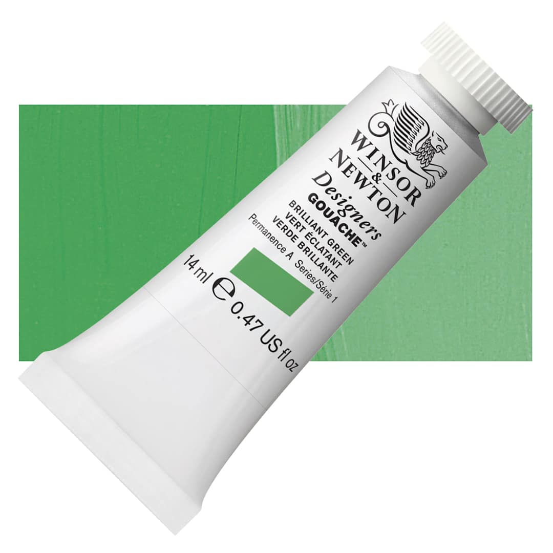 Open in modal - Winsor & Newton Designers Gouache - Brilliant Green, 14 ml tube and swatch