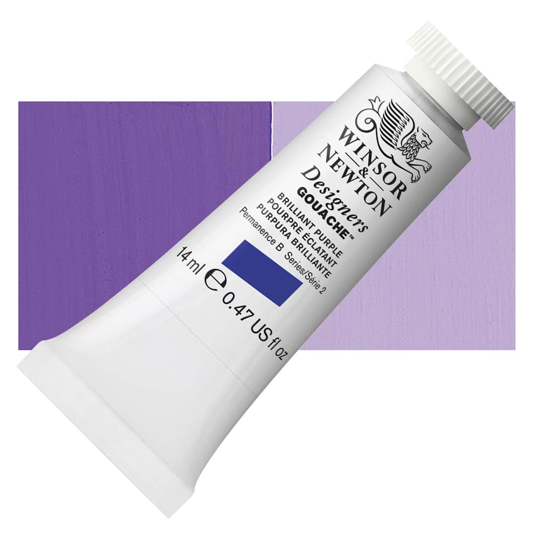 Open in modal - Winsor & Newton Designers Gouache - Brilliant Purple, 14 ml tube and swatch