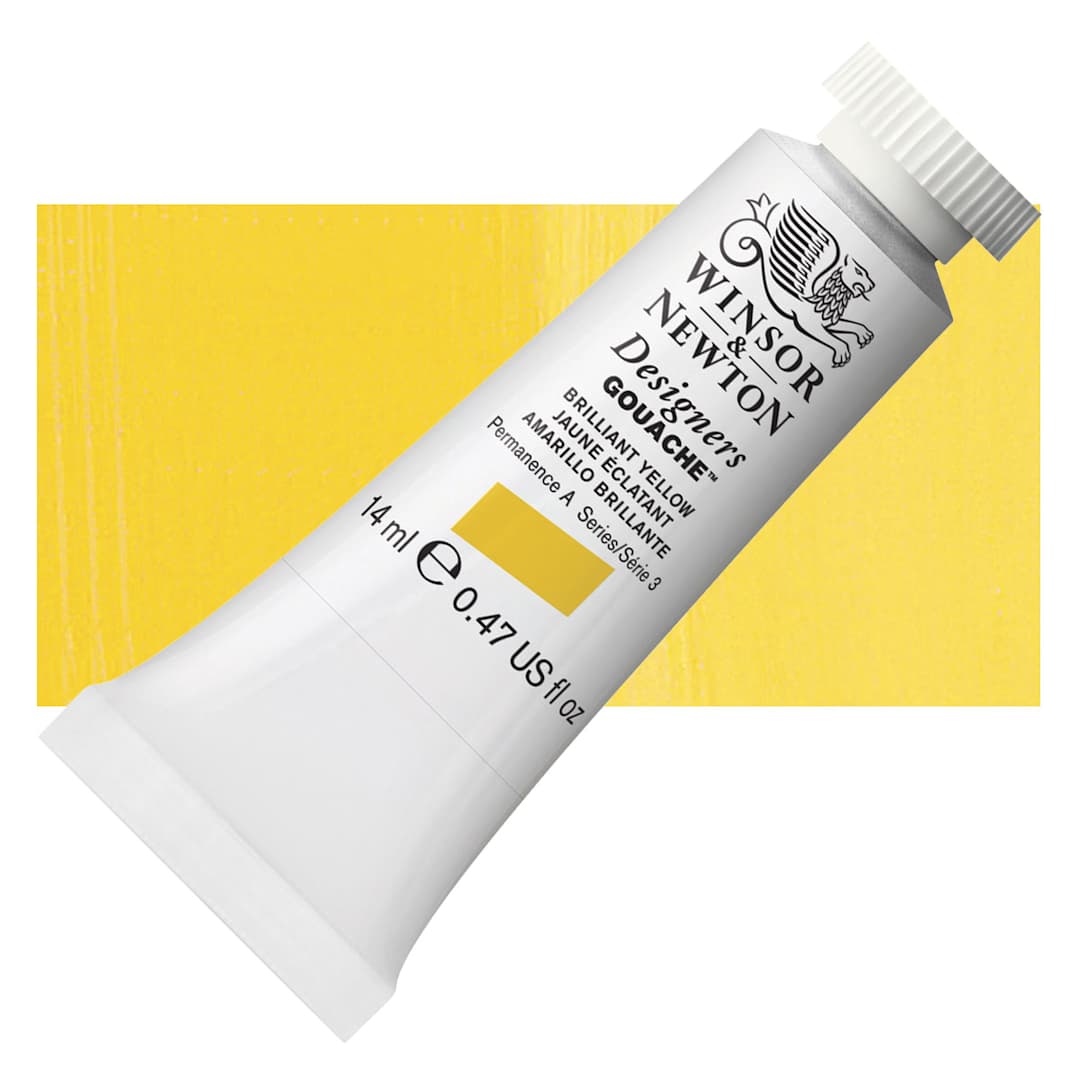 Open in modal - Winsor & Newton Designers Gouache - Brilliant Yellow, 14 ml tube and swatch