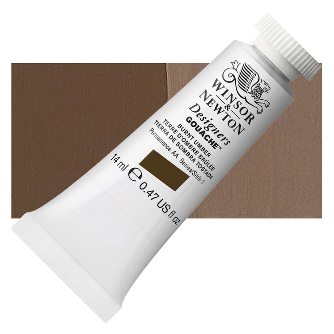 Open in modal - Winsor & Newton Designers Gouache - Burnt Umber, 14 ml tube and swatch