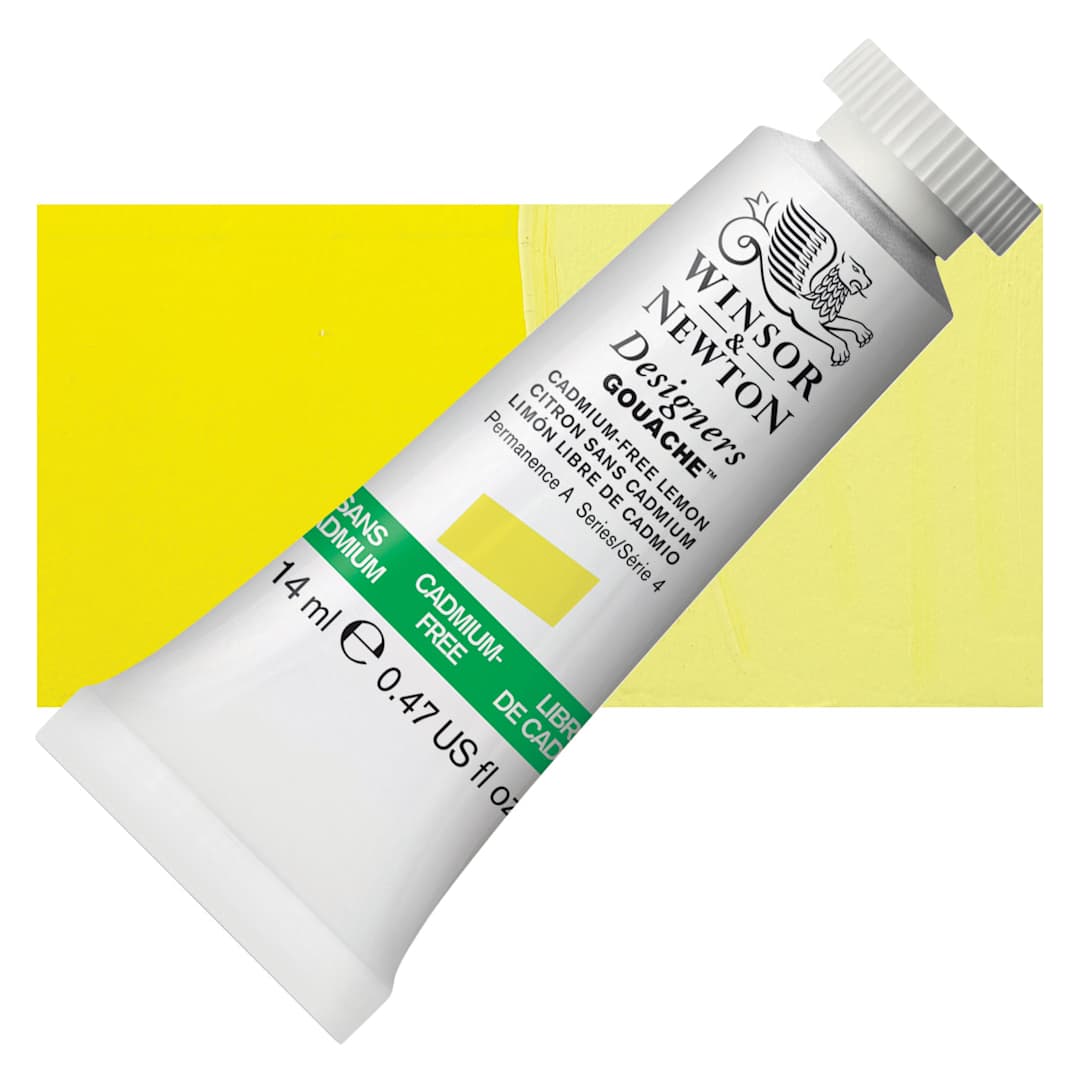 Open in modal - Winsor & Newton Designers Gouache - Cadmium-Free Lemon Yellow, 14 ml tube and swatch
