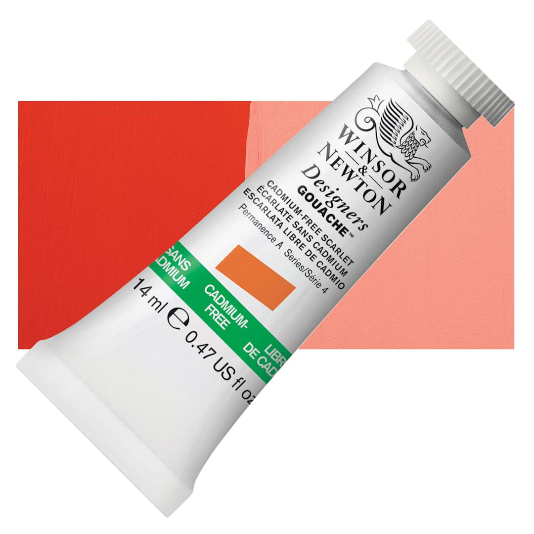 Open in modal - Winsor & Newton Designers Gouache - Cadmium-Free Scarlet, 14 ml tube and swatch