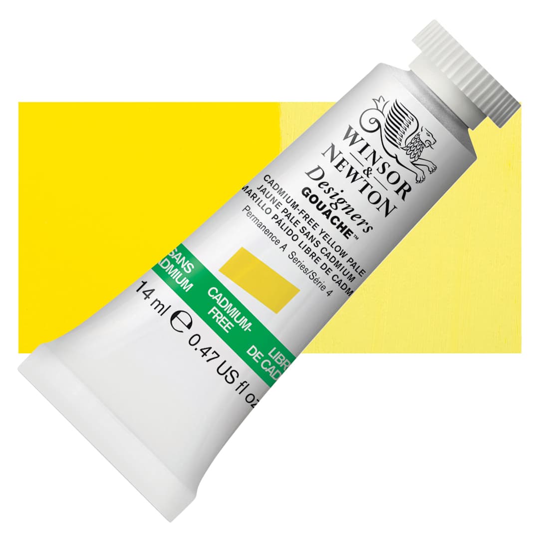 Open in modal - Winsor & Newton Designers Gouache - Cadmium Free Yellow Pale, 14 ml tube and swatch