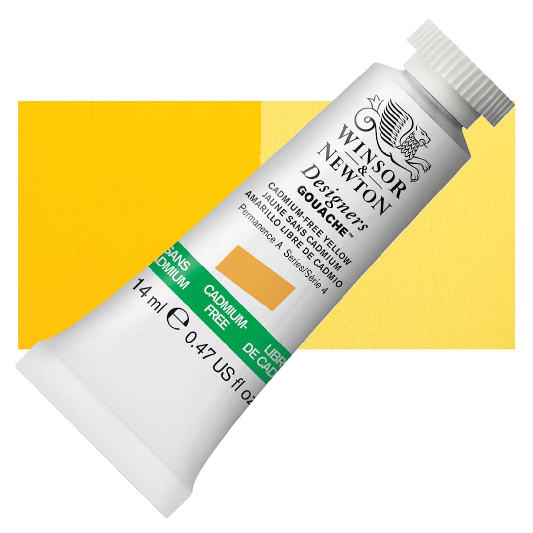 Open in modal - Winsor & Newton Designers Gouache - Cadmium Free Yellow, 14 ml tube and swatch