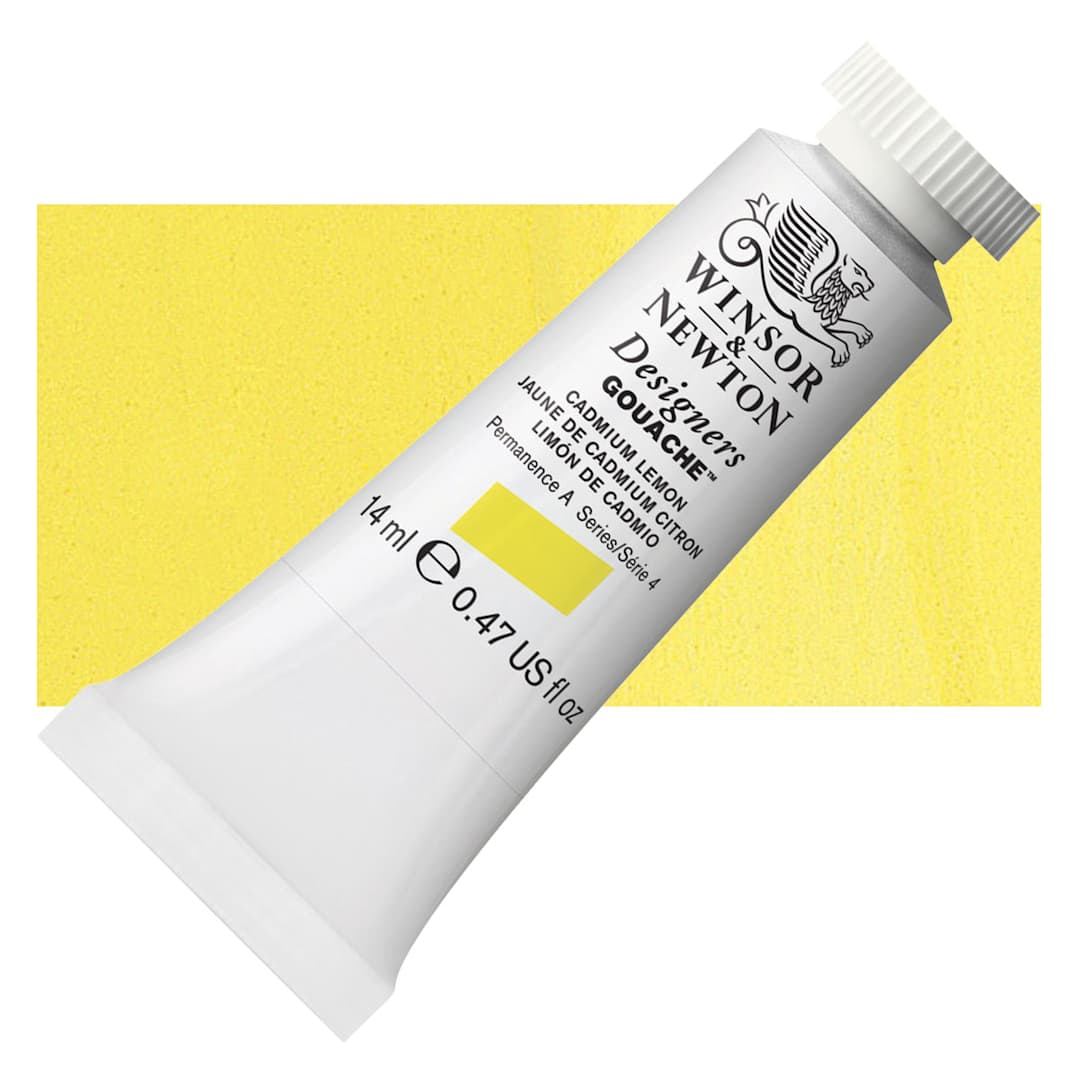 Open in modal - Winsor & Newton Designers Gouache - Cadmium Lemon, 14 ml tube and swatch