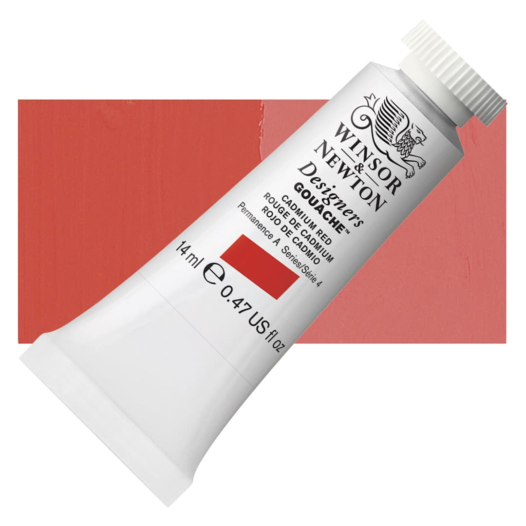 Open in modal - Winsor & Newton Designers Gouache - Cadmium Red, 14 ml tube and swatch