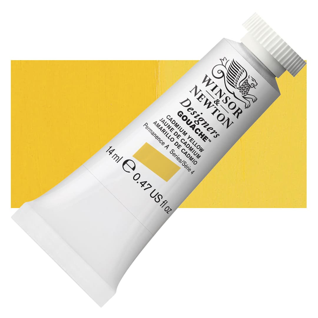 Open in modal - Winsor & Newton Designers Gouache - Cadmium Yellow, 14 ml tube and swatch