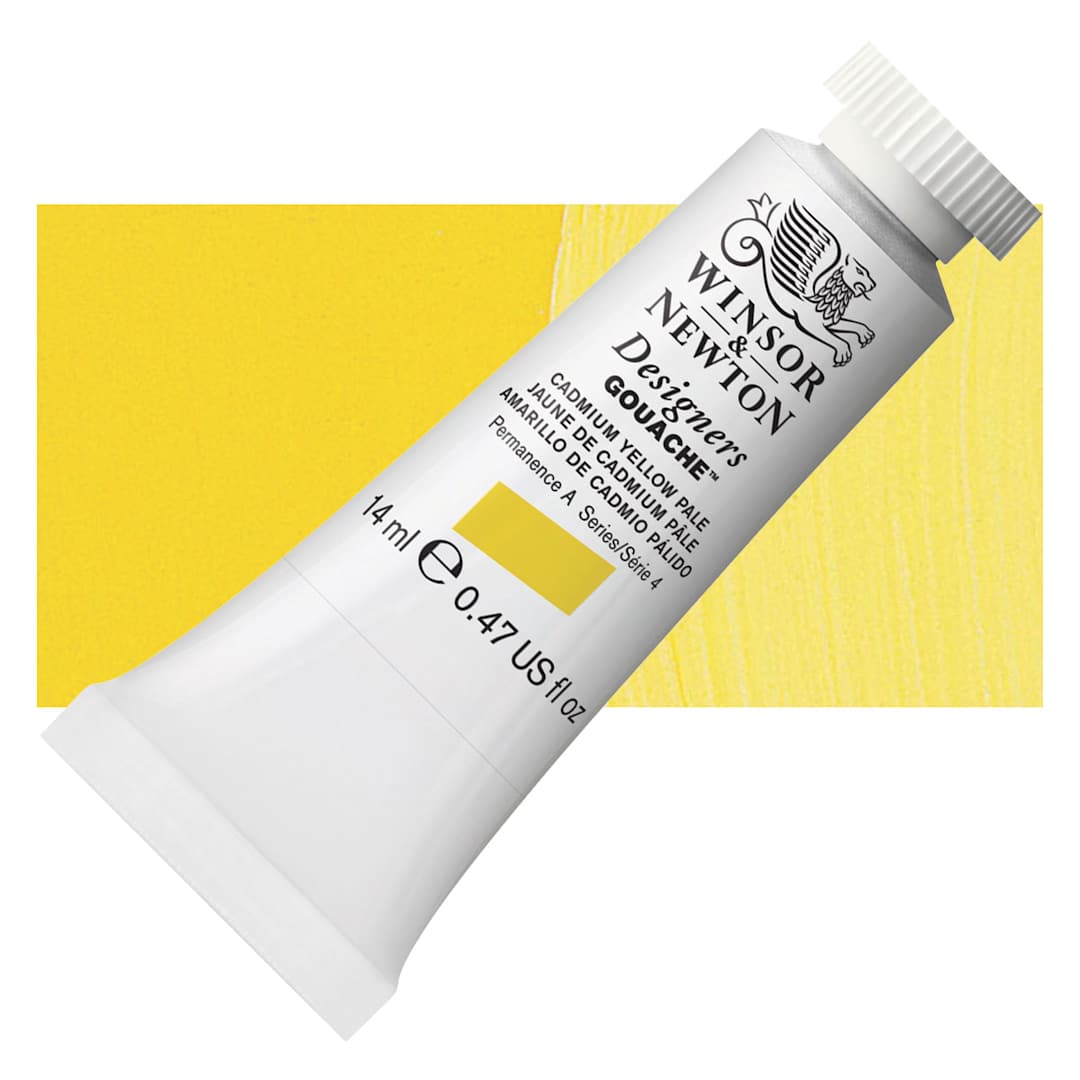 Open in modal - Winsor & Newton Designers Gouache - Cadmium Yellow Pale, 14 ml tube and swatch