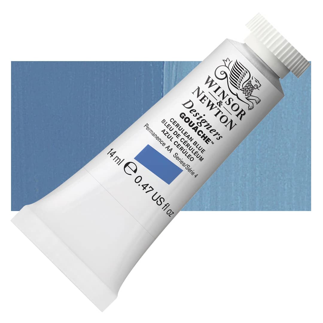 Open in modal - Winsor & Newton Designers Gouache - Cerulean Blue, 14 ml tube and swatch