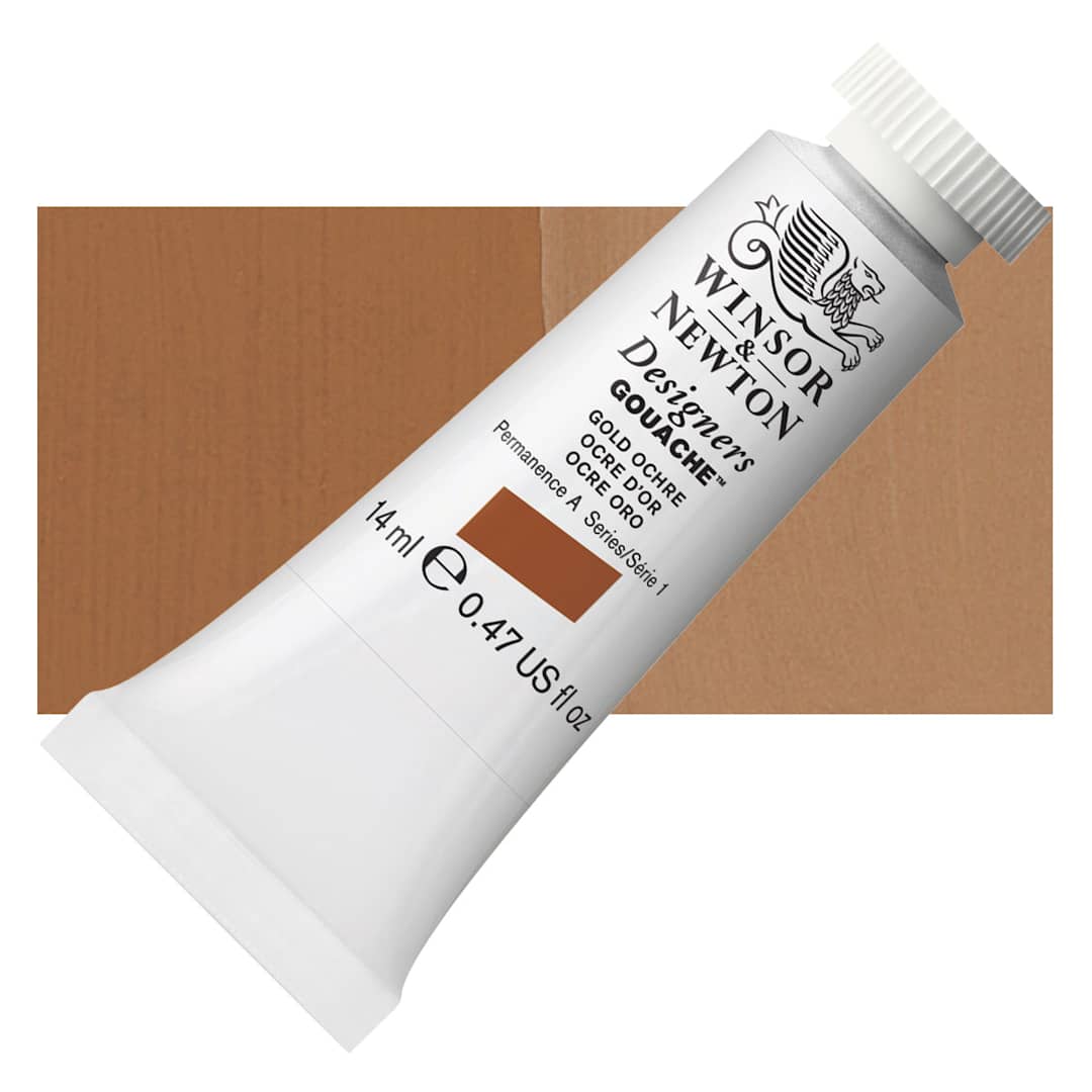 Open in modal - Winsor & Newton Designers Gouache - Gold Ochre, 14 ml tube and swatch