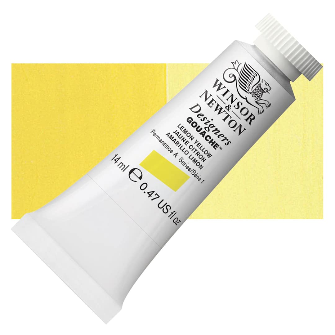 Open in modal - Winsor & Newton Designers Gouache - Lemon Yellow, 14 ml tube and swatch