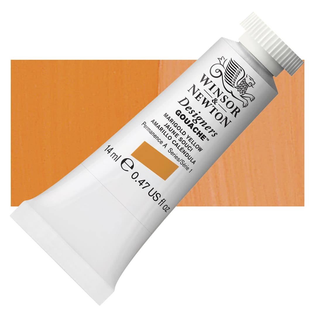 Open in modal - Winsor & Newton Designers Gouache - Marigold Yellow, 14 ml tube and swatch