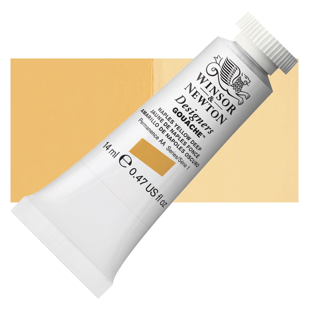 Open in modal - Winsor & Newton Designers Gouache - Naples Yellow Deep, 14 ml tube and swatch