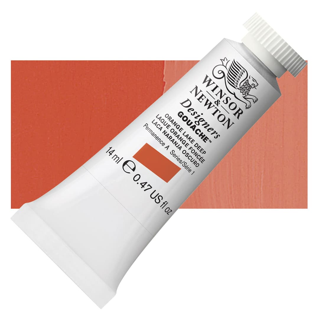 Open in modal - Winsor & Newton Designers Gouache - Orange Lake Deep, 14 ml tube and swatch