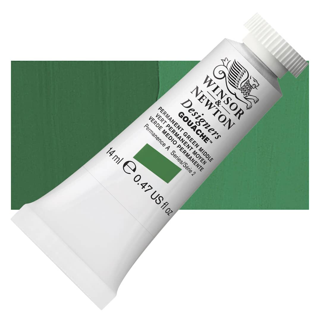 Open in modal - Winsor & Newton Designers Gouache - Permanent Green Medium, 14 ml tube and swatch
