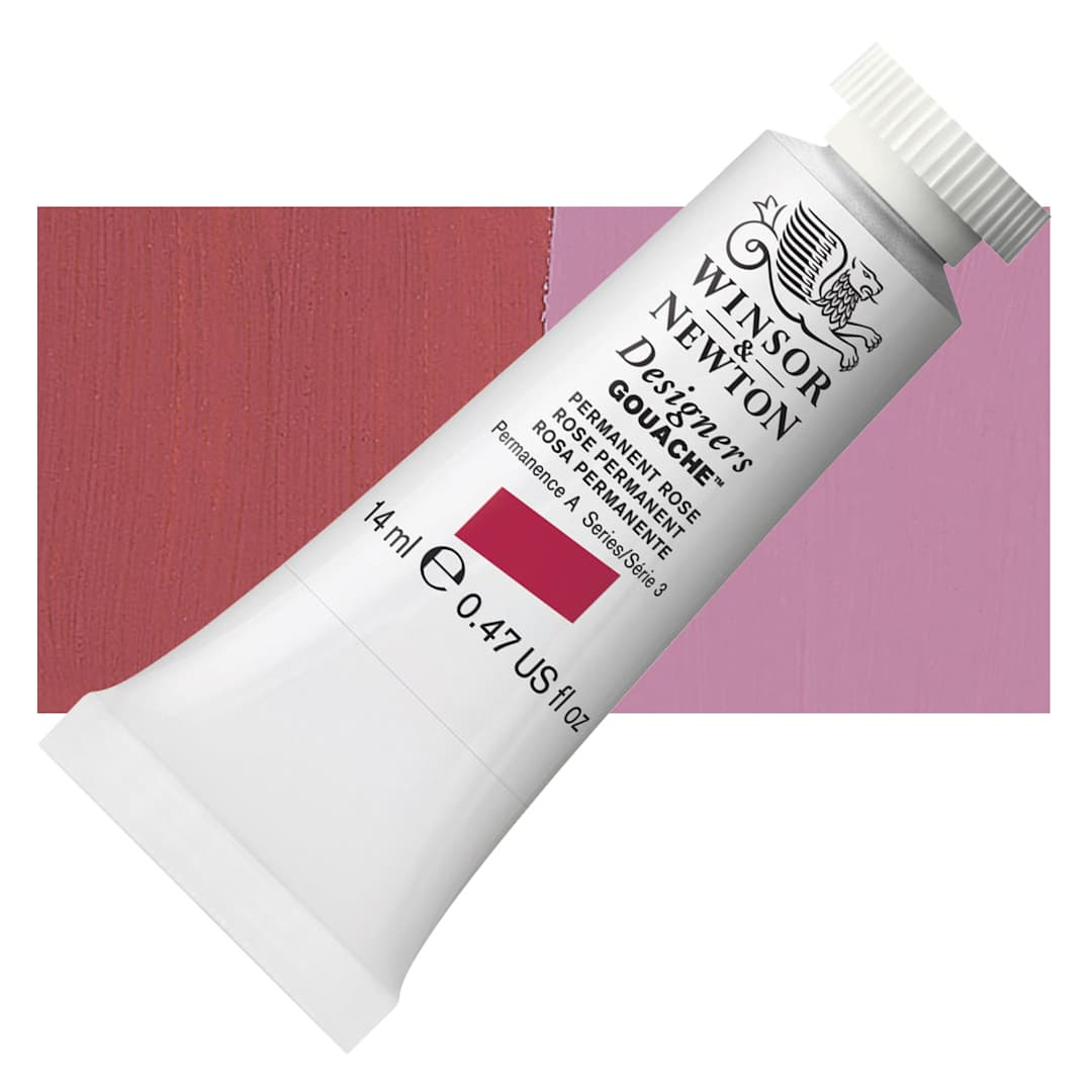Open in modal - Winsor & Newton Designers Gouache - Permanent Rose, 14 ml tube and swatch