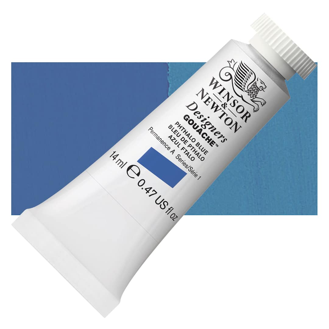 Open in modal - Winsor & Newton Designers Gouache - Phthalo Blue, 14 ml tube and swatch