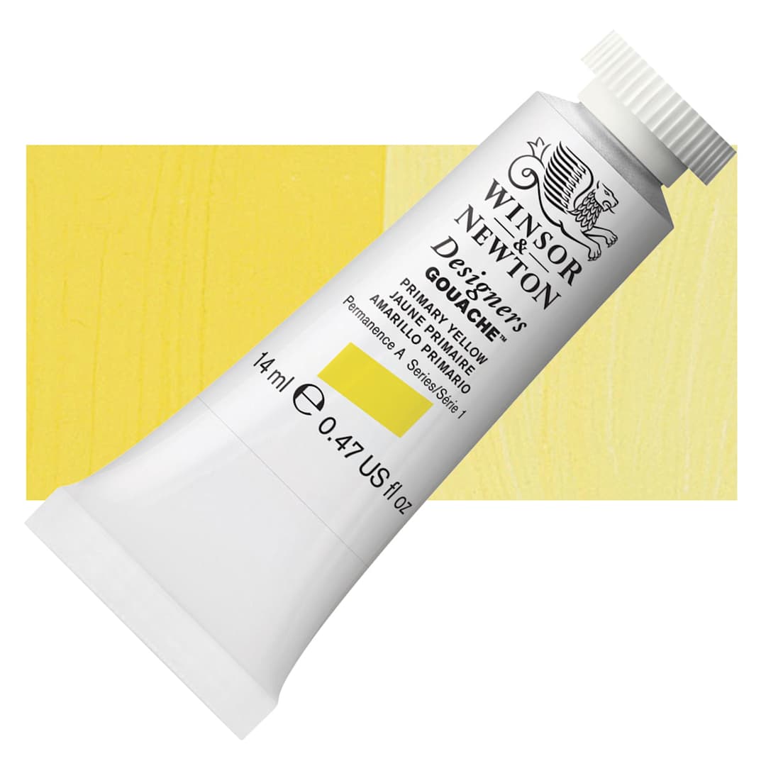 Open in modal - Winsor & Newton Designers Gouache - Primary Yellow, 14 ml tube and swatch