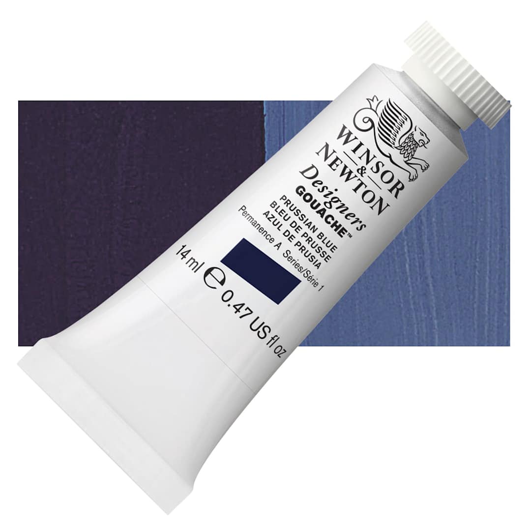 Open in modal - Winsor & Newton Designers Gouache - Prussian Blue, 14 ml tube and swatch