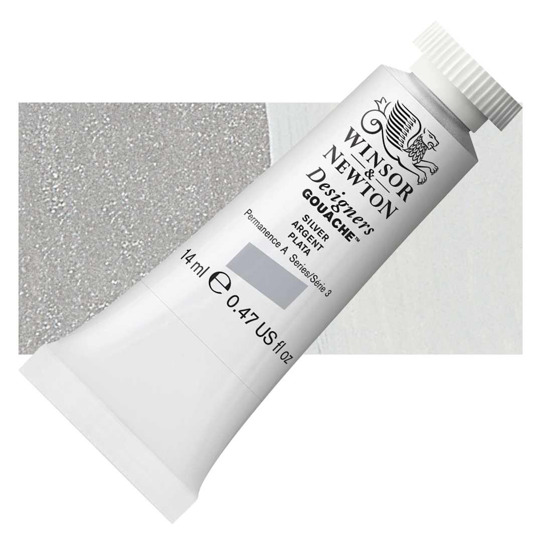 Open in modal - Winsor & Newton Designers Gouache - Silver, 14 ml tube and swatch