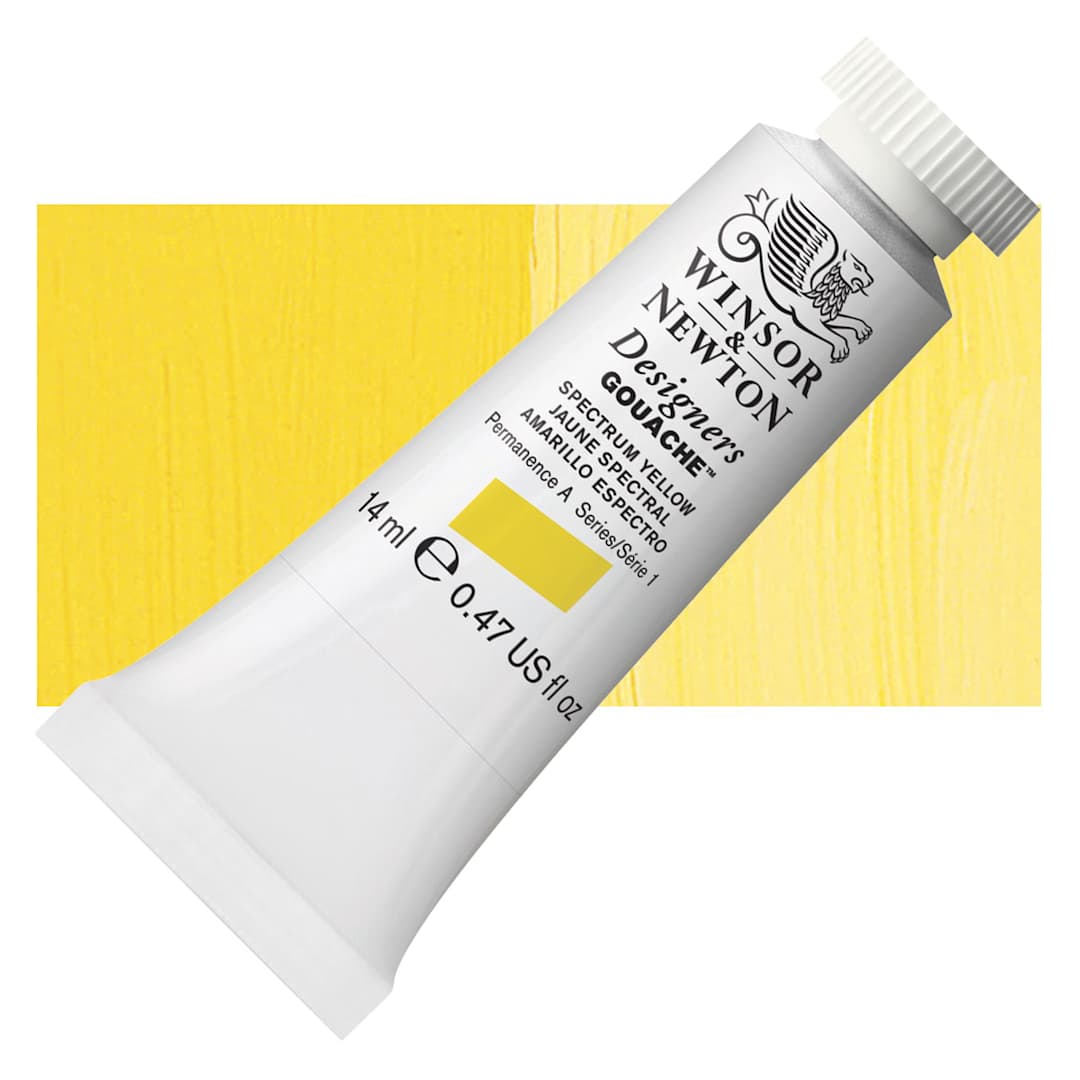 Open in modal - Winsor & Newton Designers Gouache - Spectrum Yellow, 14 ml tube and swatch