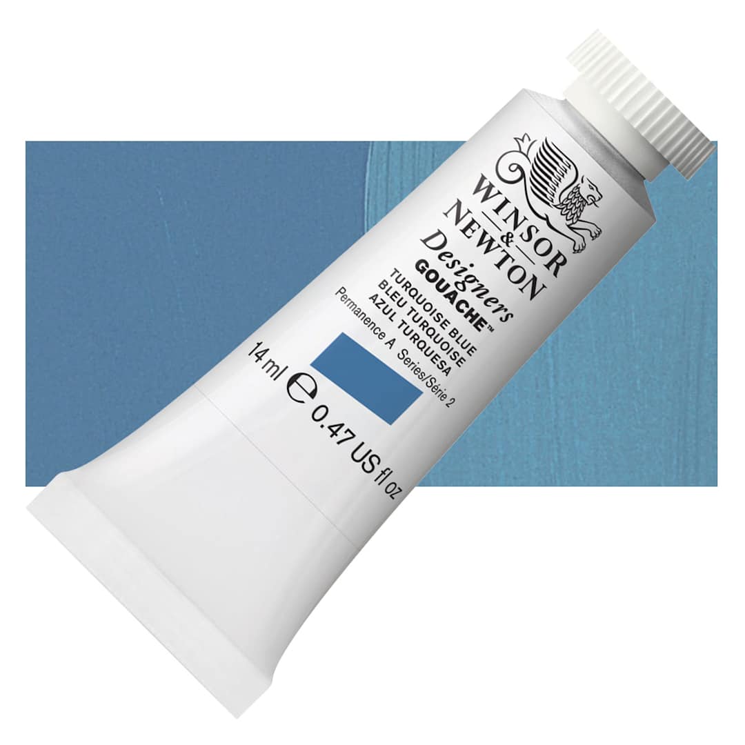 Open in modal - Winsor & Newton Designers Gouache - Turquoise Blue, 14 ml tube and swatch