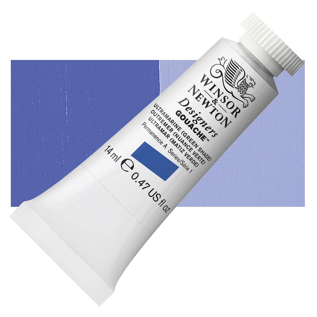 Open in modal - Winsor & Newton Designers Gouache - Ultramarine Green Shade, 14 ml tube and swatch