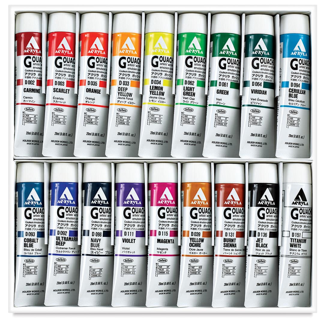 Open in modal - Holbein Acrylic Gouache - Artists Set, Set of 18 colors, 20 ml Tubes. In package.
