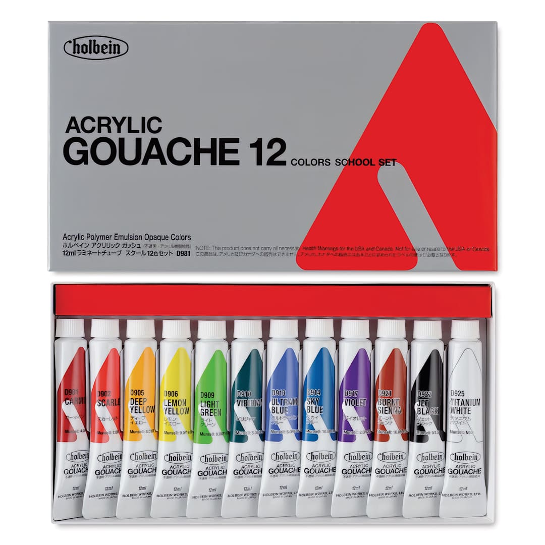 Open in modal - Holbein Acrylic Gouache - Set of 12, Assorted Colors, 12 ml Tubes