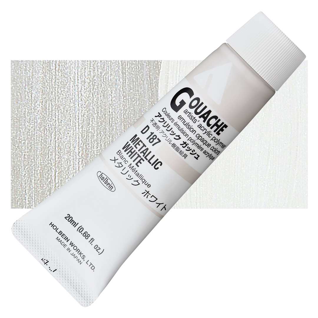 Open in modal - Holbein Acrylic Gouache - Metallic White, 20 ml tube and swatch