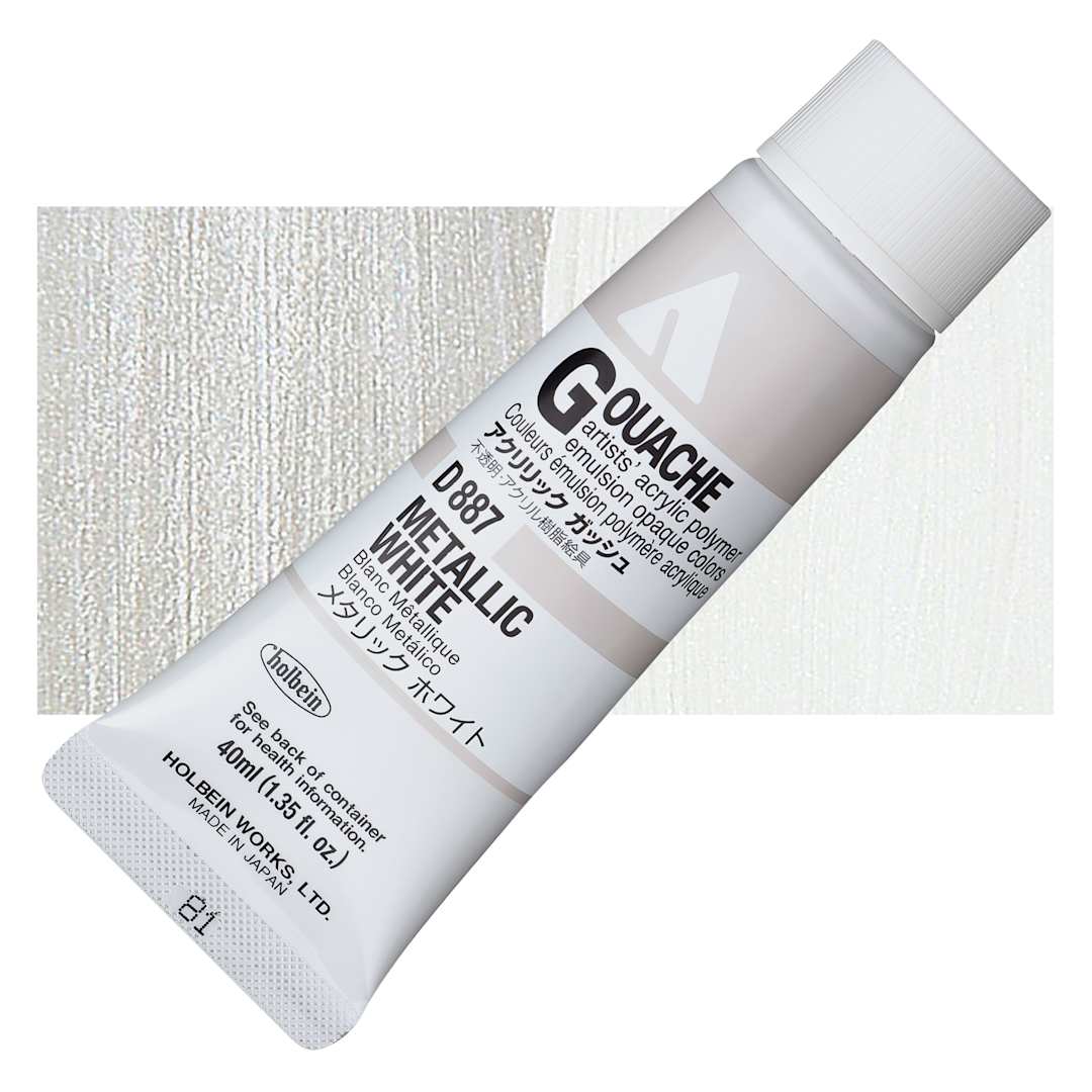 Open in modal - Holbein Acrylic Gouache - Metallic White, 40 ml tube and swatch