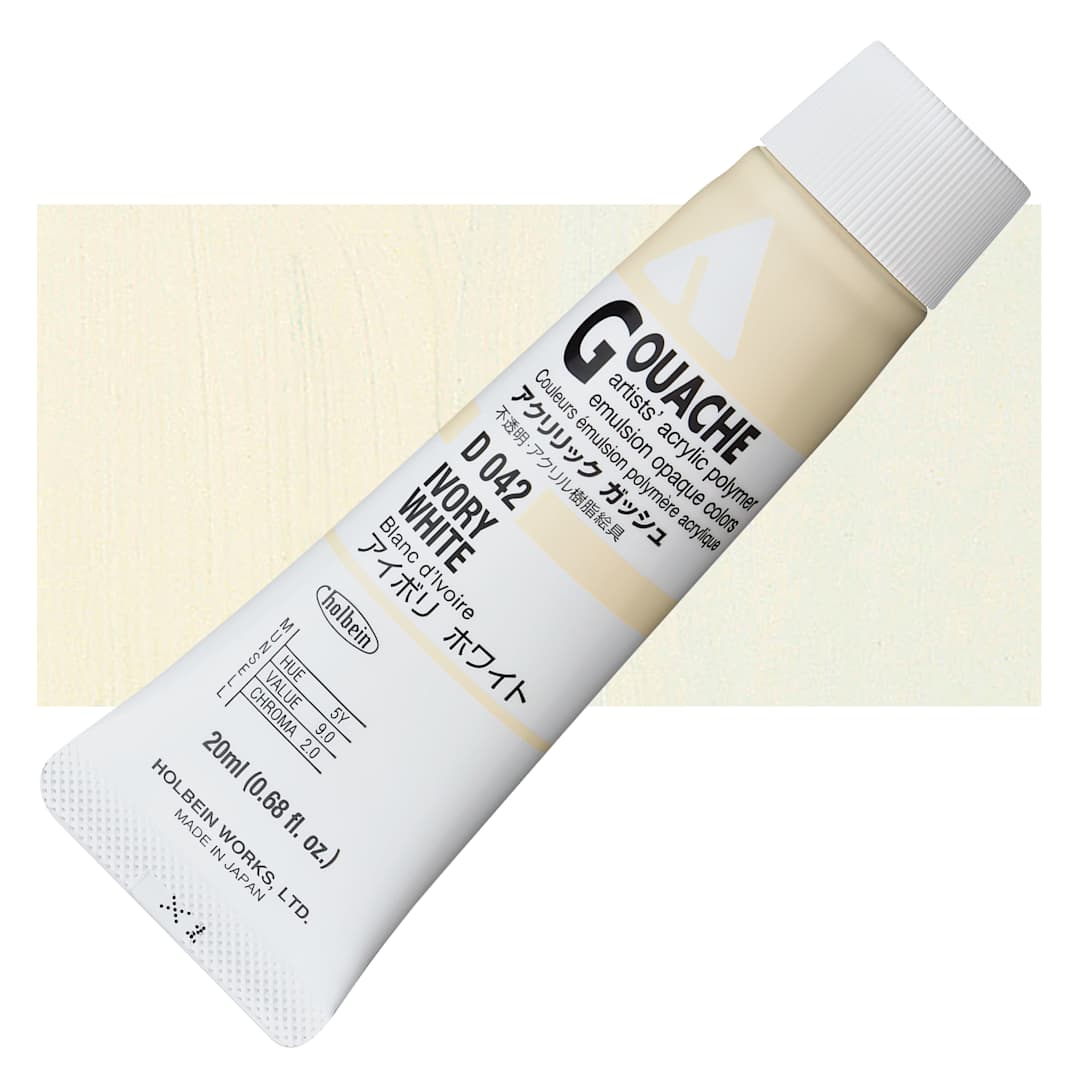 Open in modal - Holbein Acrylic Gouache - Ivory White, 20 ml tube and swatch
