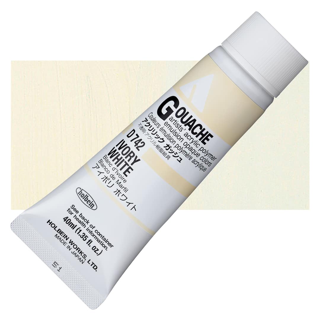 Open in modal - Holbein Acrylic Gouache - Ivory White, 40 ml tube and swatch
